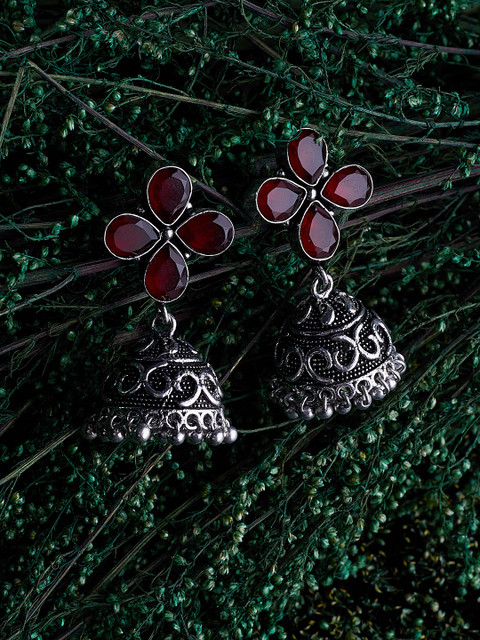 

ZeroKaata Silver-Plated & Maroon Oxidised Dome Shaped Jhumkas
