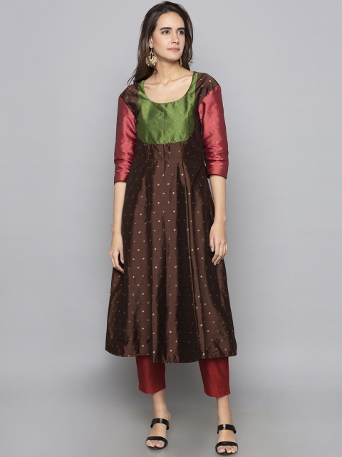

Desi Weavess Women Brown & Green Woven Design Anarkali Kurta