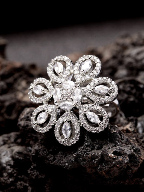

Bhana Fashion Silver-Plated & White AD Stone Studded Handcrafted Floral Shaped Finger Ring