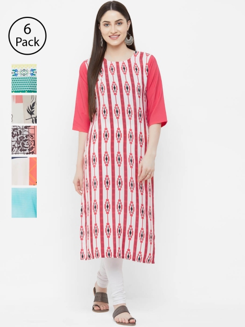 

7Threads Women Pack of 6 Printed Straight Kurtas, White
