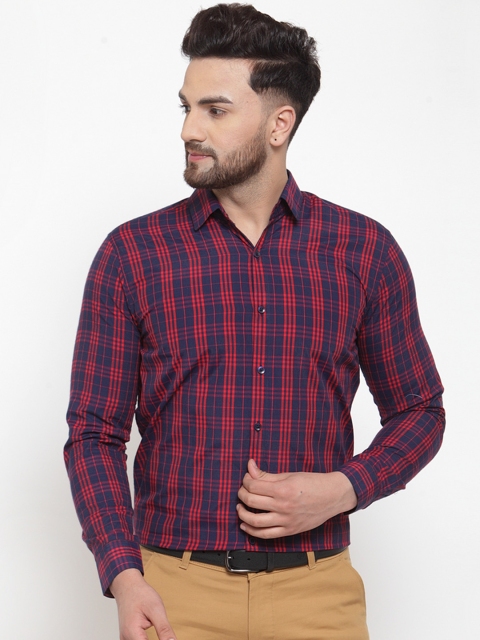 JAINISH Men Blue & Maroon Regular Fit Checked Formal Shirt