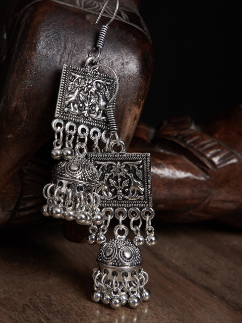

ZeroKaata Silver-Toned Oxidised Dome Shaped Jhumkas