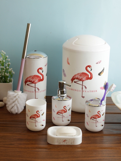 

Cortina Unisex Set Of 6 White & Red Printed Plastic Bathroom Accessories