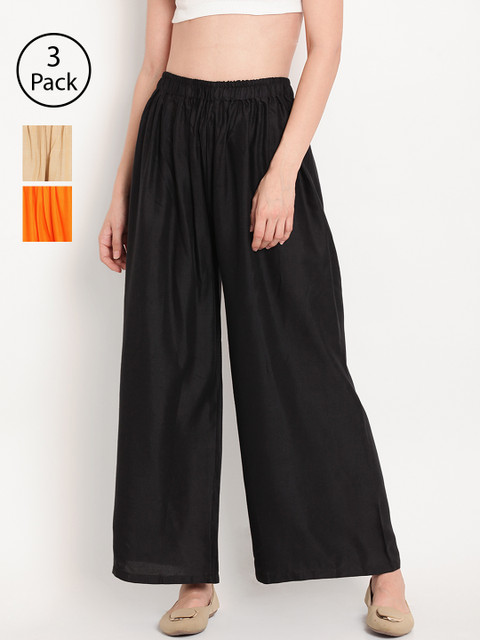 

TAG 7 Women Pack of 3 Solid Wide Leg Palazzos, Black