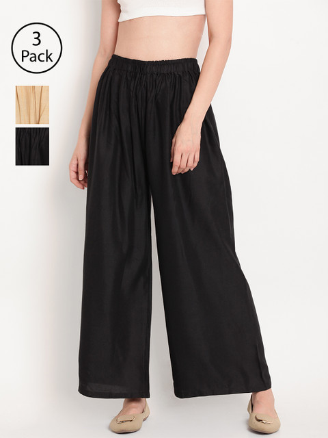 

TAG 7 Women Pack of 3 Solid Wide Leg Palazzos, Black