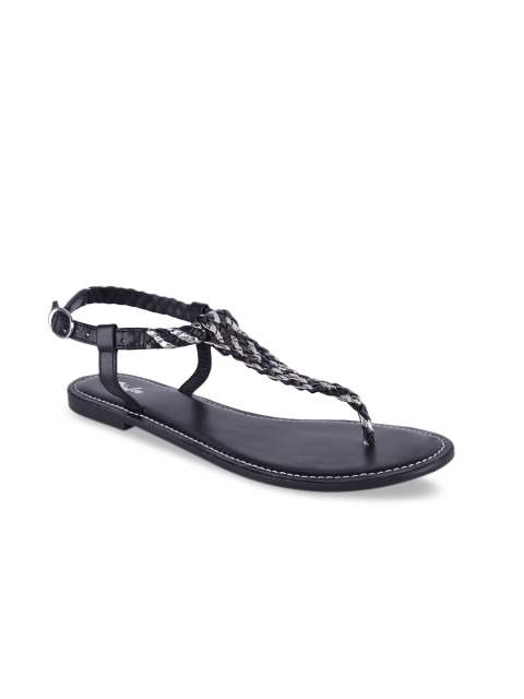 

Burloe Women Black & Grey Woven Design Leather T-Strap Flats