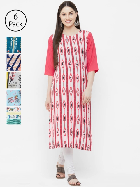 

7Threads Women Pack of 6 Printed Straight Kurtas, Red