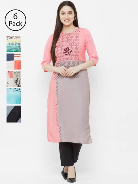 

7Threads Women Pack of 6 Printed Straight Kurtas, Pink