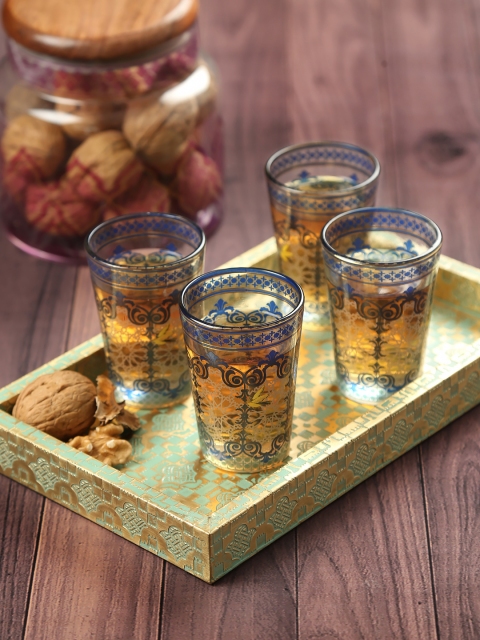 

India Circus by Krsnaa Mehta Set Of 4 Blue & Grey Printed Flight of Birds Chai Glasses