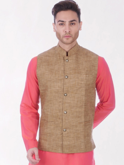 

RAJUBHAI HARGOVINDAS Men Brown Solid Khadi Nehru Jacket
