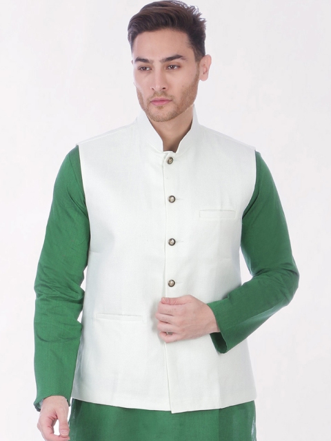 

RAJUBHAI HARGOVINDAS Men Cream-Coloured Solid Slim-Fit Nehru Jacket