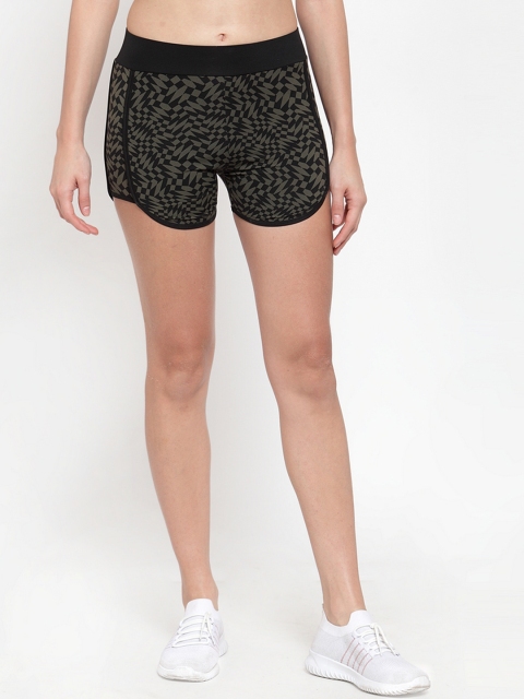 

Boston Club Women Black & Olive Green Printed Skinny Fit Sports Shorts