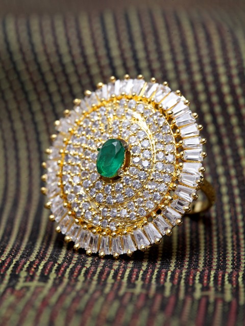 

Bhana Fashion Gold-Plated & Green American Diamond Studded Circular Ring