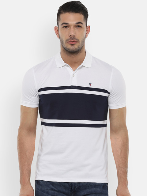 

Louis Philippe Sport Men White & Black Striped Polo Collar T-shirt