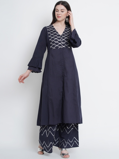 Love More Women Navy Blue Solid Kurta with Palazzos