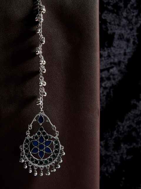 

ZeroKaata Oxidised Silver-Plated Blue & Green Enamelled Floral Tribal Maang Tikka