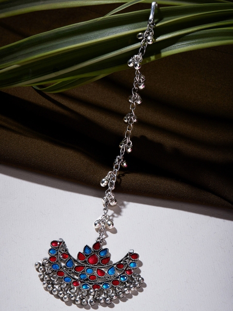 

ZeroKaata Oxidised Silver-Plated Red & Blue Enamelled Chandbali Maang Tikka