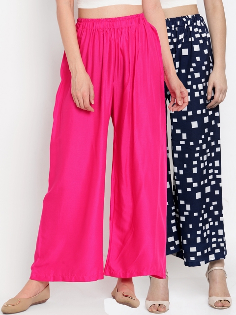 

TAG 7 Women Navy Blue & Pink Printed Wide Leg Palazzos