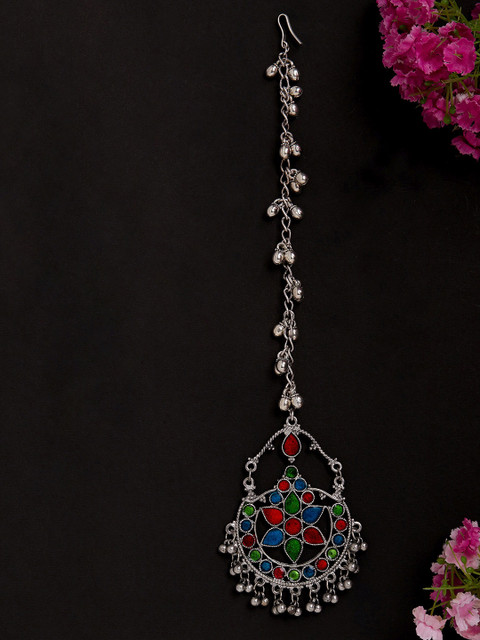 

ZeroKaata Oxidised Silver-Plated Blue & Red Enamelled Floral Tribal Maang Tikka