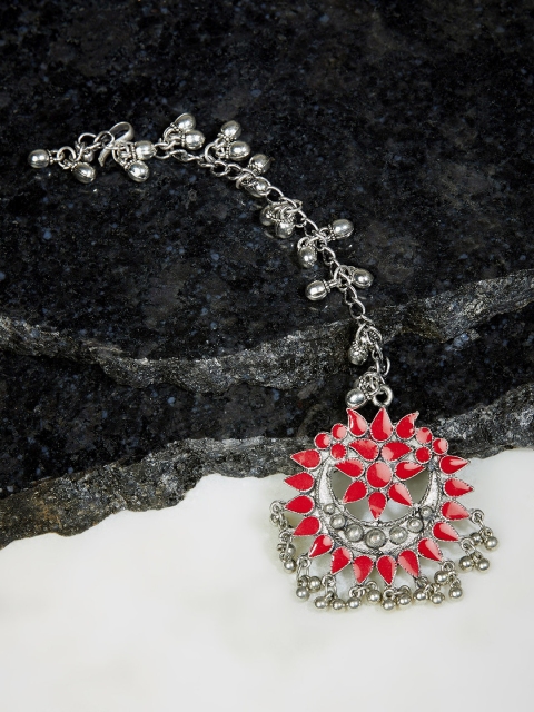 ZeroKaata Oxidised Silver-Plated & Red Enamelled Tribal Maang Tikka