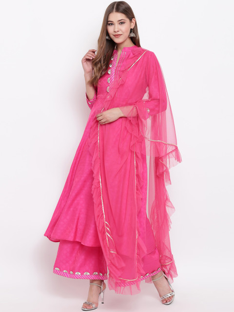 

Shakumbhari Women Pink & Silver-Toned Striped Kurti with Palazzos & Dupatta