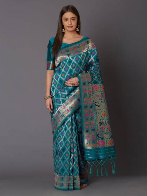 

Mitera Women Teal Blue & Golden Silk Blend Woven Design Banarasi Saree