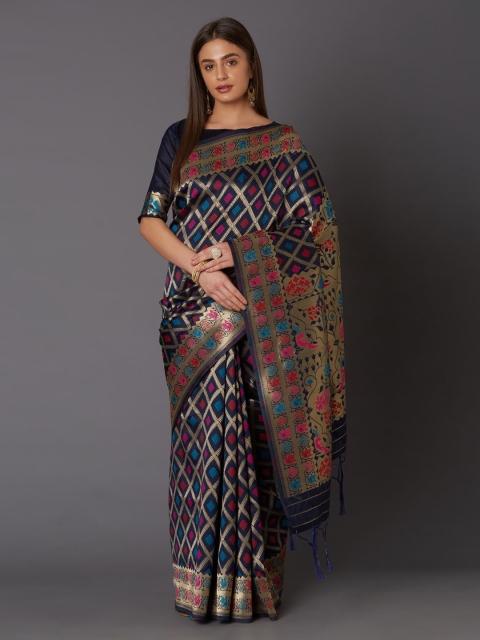 

Mitera Navy Blue Silk Blend Woven Design Banarasi Saree