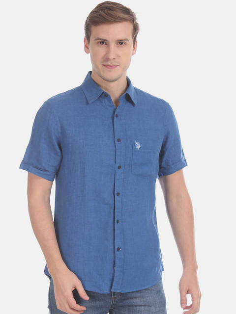 

U.S. Polo Assn. Men Blue Regular Fit Solid Pure Linen Casual Shirt