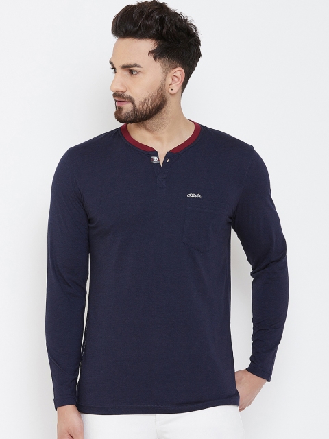 Adobe Men Navy Blue Solid Mandarin Collar T-shirt