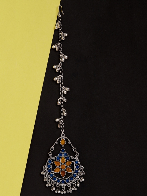 

ZeroKaata Silver-Plated & Blue Oxidised Enamelled Maang Tikka