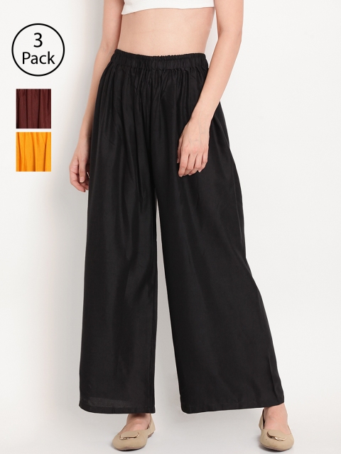 

TAG 7 Women Pack of 3 Solid Wide Leg Palazzos, Black