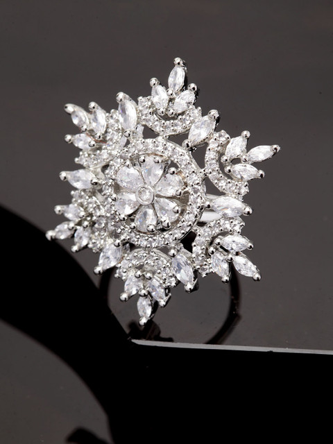 

Bhana Fashion Silver-Plated & White AD-Studded Floral-Shape Handcrafted Finger Ring