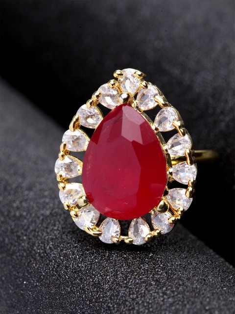 

Bhana Fashion Women Gold Plated White & Magenta American Diamond Stone Studded Handcrafted Drop Shape Ring