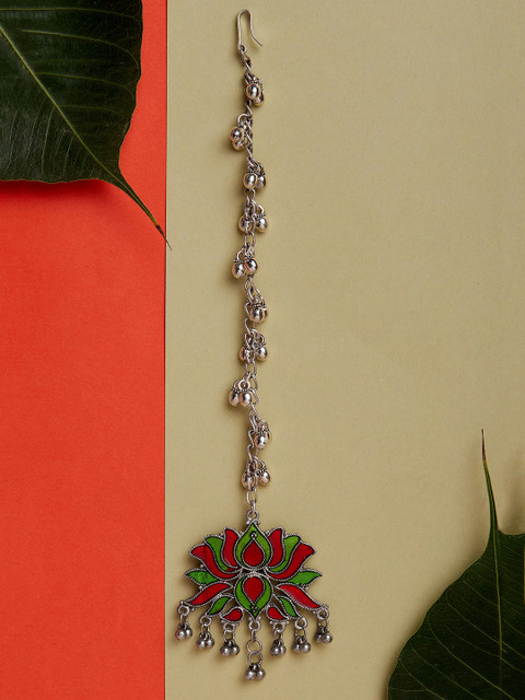 

ZeroKaata Silver Plated Green & Red Oxidised Lotus Tribal Maang Tikka