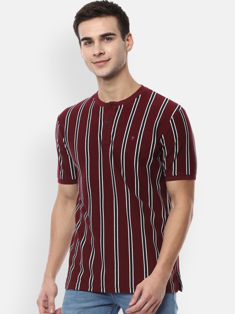 

Louis Philippe Sport Men Maroon Striped Henley Neck Pure Cotton T-shirt