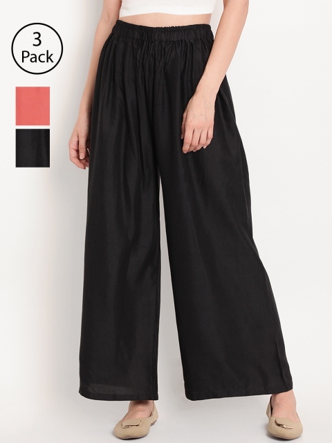 

TAG 7 Women Pack Of 3 Solid Wide Leg Palazzos, Black