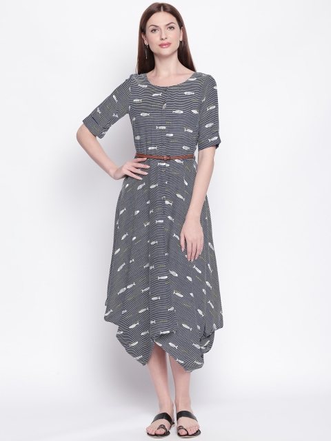 

AKKRITI BY PANTALOONS Women Blue Striped A-Line Dress