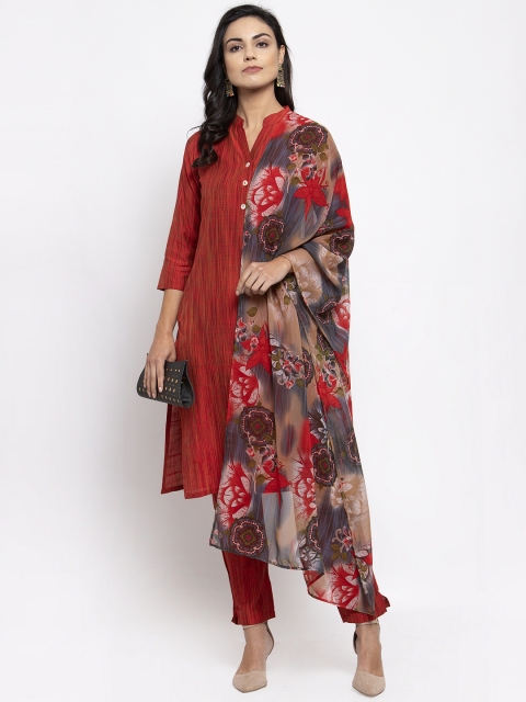 

Jompers Women Red & Grey Solid Kurta with Trousers & Dupatta