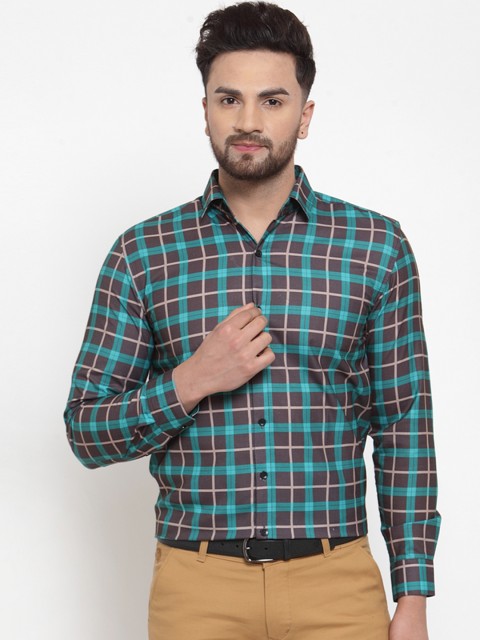 

JAINISH Men Black & Green Regular Fit Checked Formal Shirt