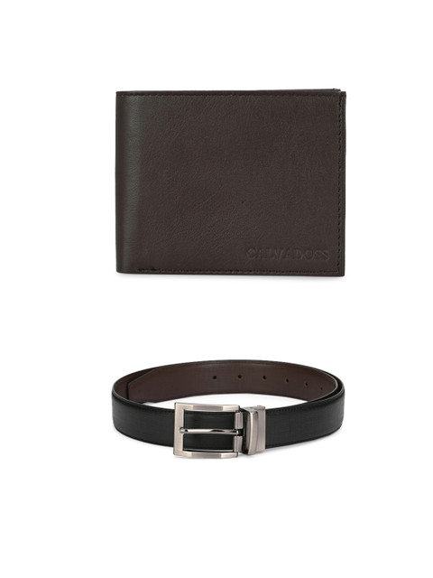 

Calvadoss Men Black & Brown Leather Belt & Wallet Accessory Gift Set