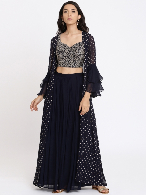 

Koskii Women Navy Blue & Silver-Toned Printed Top with Palazzos
