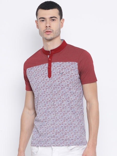 

Monte Carlo Men Red & Blue Printed Slim Fit Mandarin Collar T-shirt