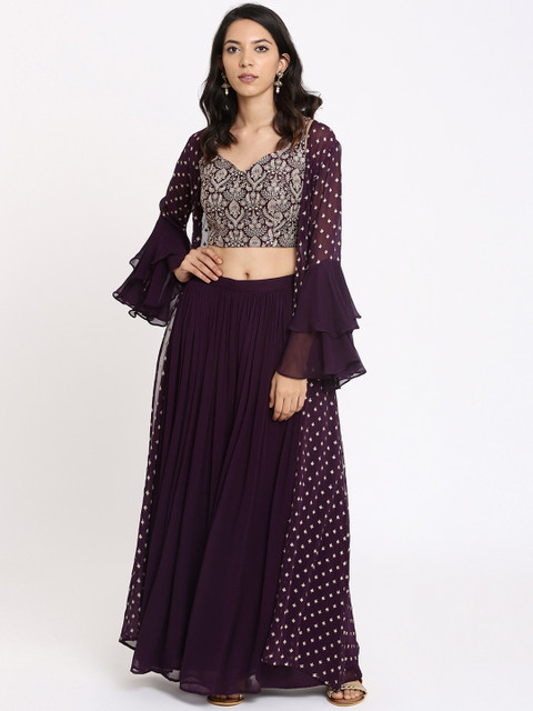 

Koskii Women Purple & Silver-Toned Printed Top with Palazzos