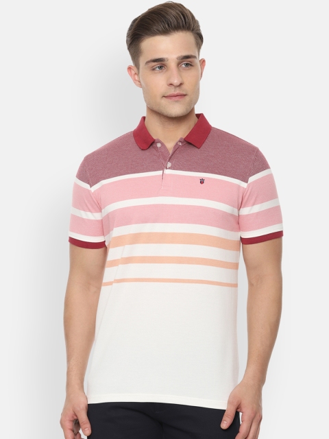 

Louis Philippe Sport Men Off-White Pink Striped Polo Collar Pure Cotton T-shirt