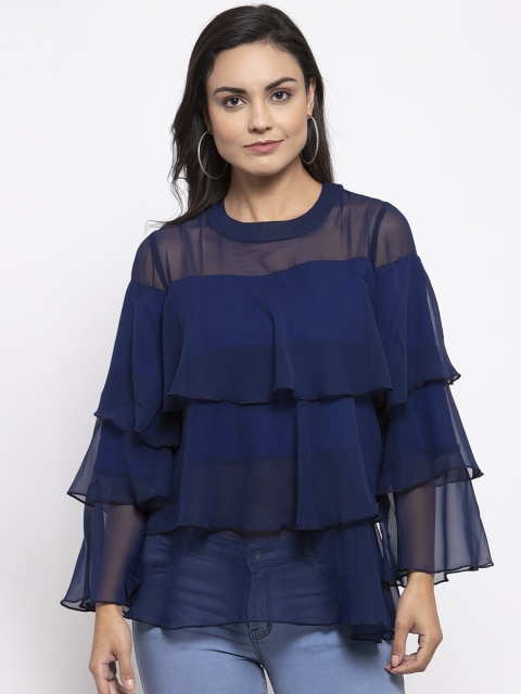 

Jompers Women Navy Blue Solid Longline Tiered Top