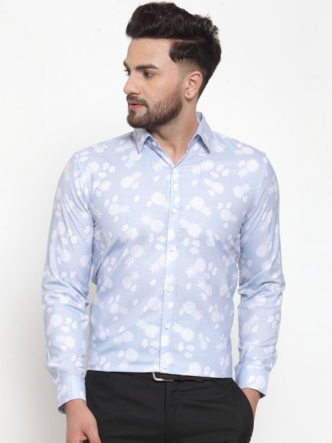 

JAINISH Men Turquoise Blue & White Regular Fit Printed Semiformal Shirt