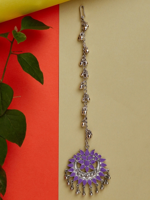 

ZeroKaata Silver-Plated & Violet Oxidised Enamelled Tribal Maang Tikka