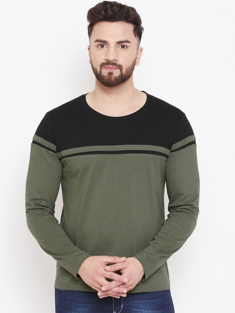 

The Dry State Men Olive Green & Black Colourblocked Round Neck T-shirt