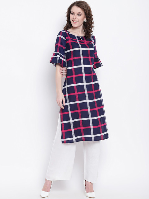 

Napra Women Navy Blue Checked Straight Kurta