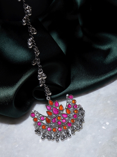 

ZeroKaata Silver-Plated Pink & Orange Oxidised Enamelled Chandbali Maang Tikka